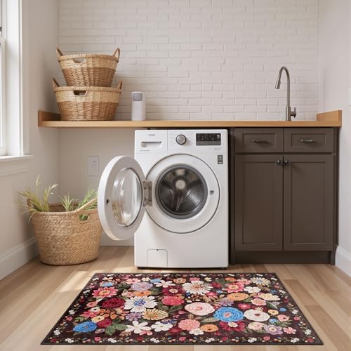 Floral Machine Washable Rug 3x5 Espresso - Image 2
