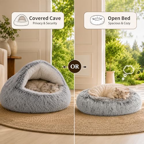 ShinHye Cat Bed Round Plush Fluffy Hooded Cat Bed Cave, Cozy - Image 4