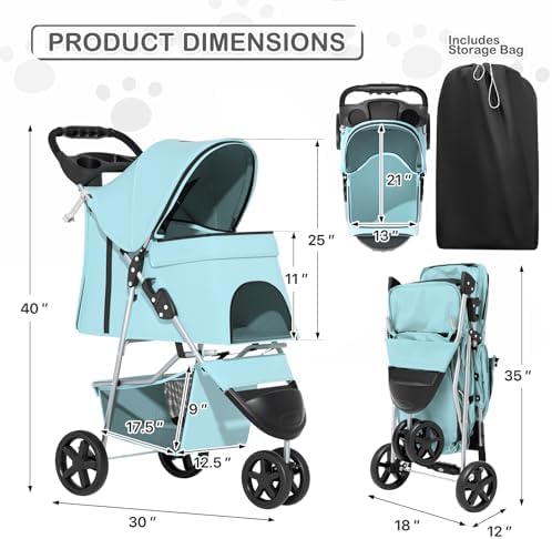 MoNiBloom Pet Stroller for Small/Medium Dogs and Cats, Mint Green - Image 3