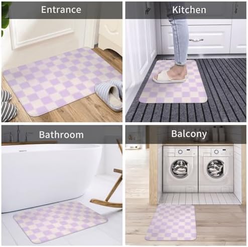 Purple Checkered Grid Bath Mat 24x16 Inch Non-Slip Soft Microfiber Bathroom - Image 7
