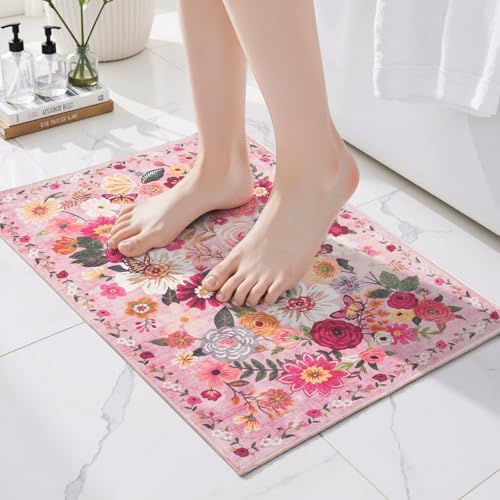 24x17 Inch Door Mat Indoor Entrance, Floral Area Rug Non Slip Pink by WelcometoBabovid