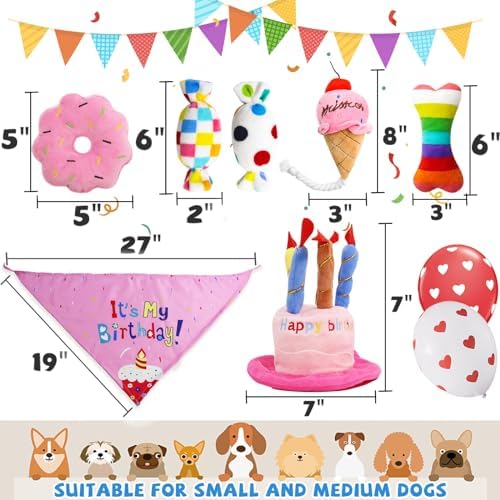 lilfrd 9Pcs Pink Dog Birthday Toy Set, Squeaky Hat Bandana Gift - Image 3