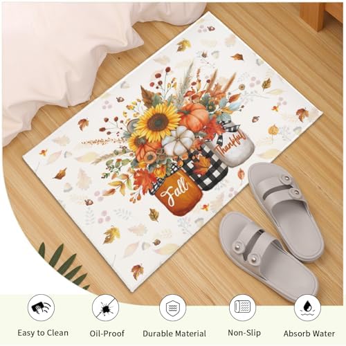 Giwawa Autumn Pumpkin Bath Rug Sunflower Flower Vase Bathtub Mat Soft Washable - Image 5