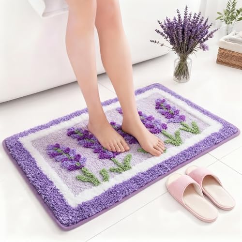 Boao Lavender Purple Floral Bath Mat Non Slip Bathroom Rug, 24 x 16 in - Image 4