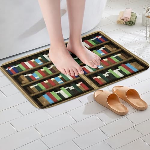 Manfei Pixel Bookshelf Shaggy Bathroom Mat, Pixelated Bookcase Vedio Game Bath - Image 2