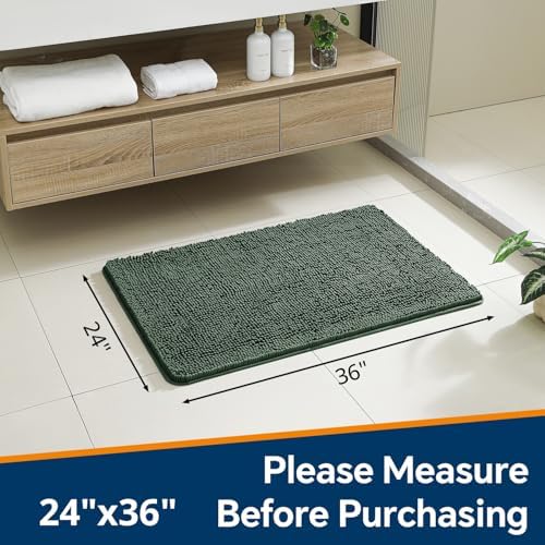 Chenille Bathroom Rug 24"x36" Hunter Green, Non-Slip Plush Bath Mat - Image 2