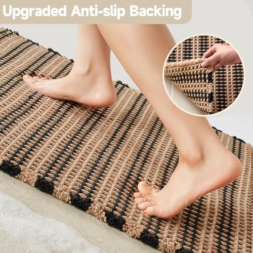 TYUU Waffle Runner Rug Bathroom, Long Boho Bath Mat, 60x24 Black & Khaki - Image 4
