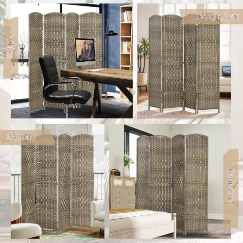 HOMCOM 4 Panel Room Divider 6 Ft Privacy Screen Hand-Woven Dark Rustic Oak - Image 6