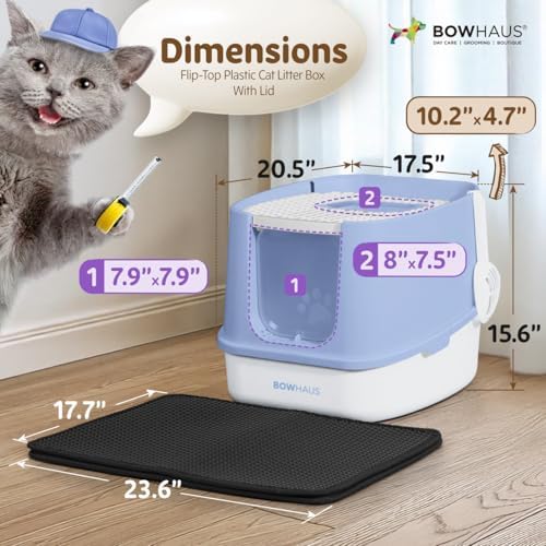 BOWHAUS Fully Enclosed Cat Litter Box w/Lid, Cat Mat & Odor Fitter, Large - Image 2