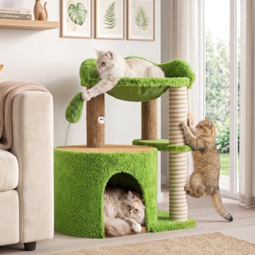 WOOCHPET Small Cat Tree with Scratching Post and Cat Hammock by WOOCHPET