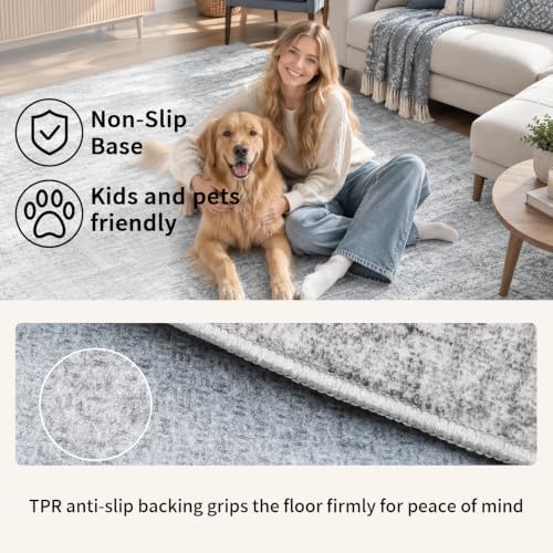 Area Rugs for Living Room Dining Room 9x12 Washable Non-Slip Vintage Grey - Image 5