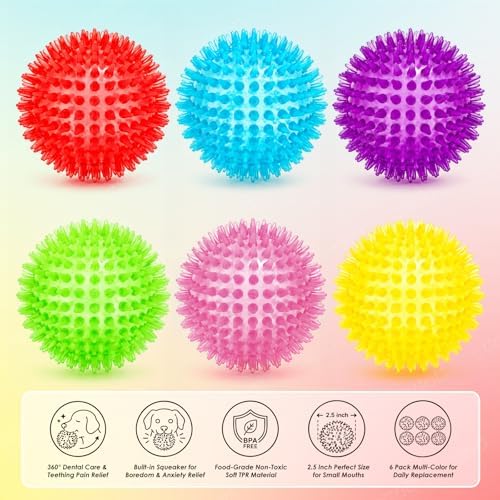 2.5" Squeaky Spiky Dog Balls, 6 Pack Teething Chew Toys - Image 2