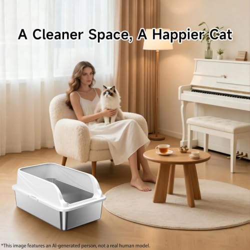 Stainless Steel XL Cat Litter Box, High‑Sides Anti‑Spill Metal Litter Pan - Image 7