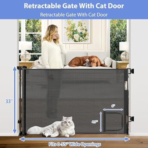 Retractable Baby Gates with Door 55" Wide Retractable Dog Gate with Pet Door - Image 2