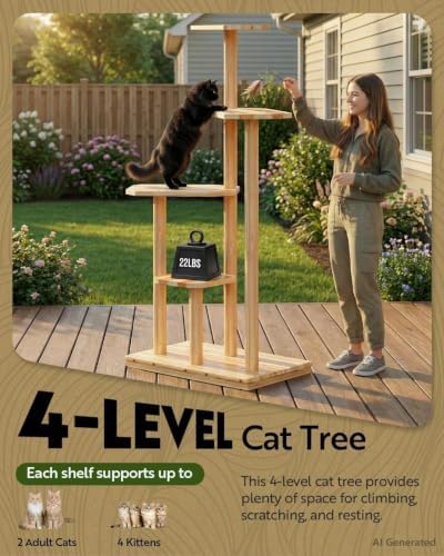 60" Tall Weatherproof Outdoor Cat Tree Tower, Solid Natural Wood - Image 4