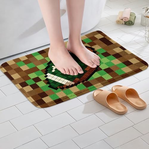 American Football Bath Rug, Pixelated Geometric Grid Shaggy Absorbent Non Slip - Image 2
