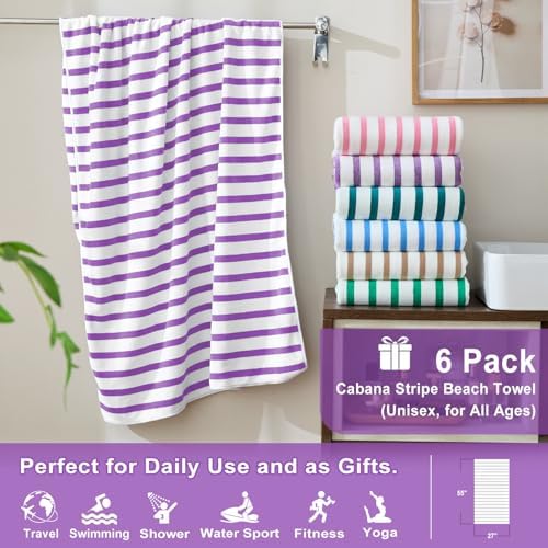 JML Microfiber Beach Towels, 6 Pack, Cabana Stripe Purple - Image 2
