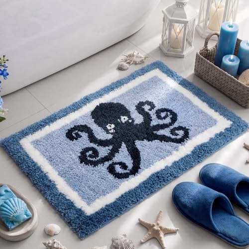 Boao Octopus Bathroom Rug Blue Tufted Non-Slip Bath Mat, 24 x 16 in by Boao