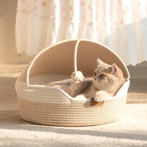 CHEERPALS Cat Basket Bed with Washable Cushion and Ball Rope Cotton, Covered - Image 2
