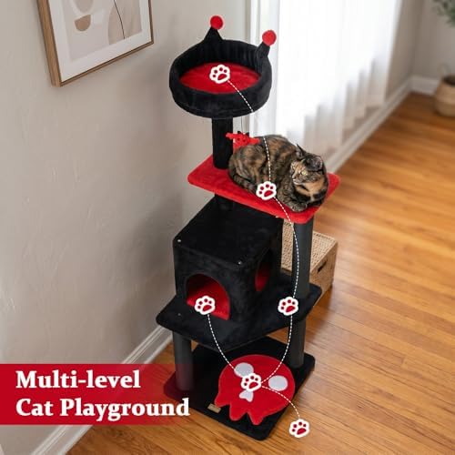 PETSITE 57-inch Gothic Cat Tree, Bat-Shaped Dangling Ball, Comfy Condo - Image 4