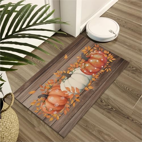 Giwawa Autumn Pumpkin Bath Rug Rustic Wood Bathroom Mat Non Slip Absorbent - Image 6