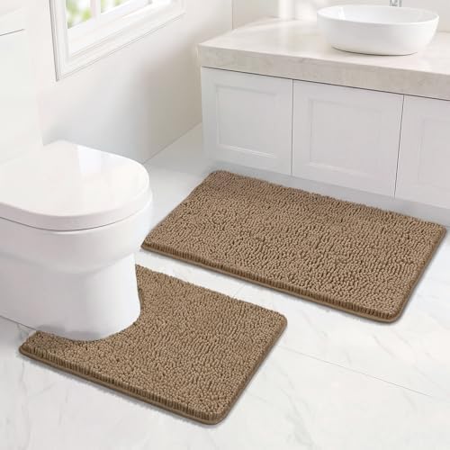 Bcoimo U Shaped Bath Rug Mat Set, 2 Piece Chenille Latte Toilet Bathroom Rug by Bcoimo