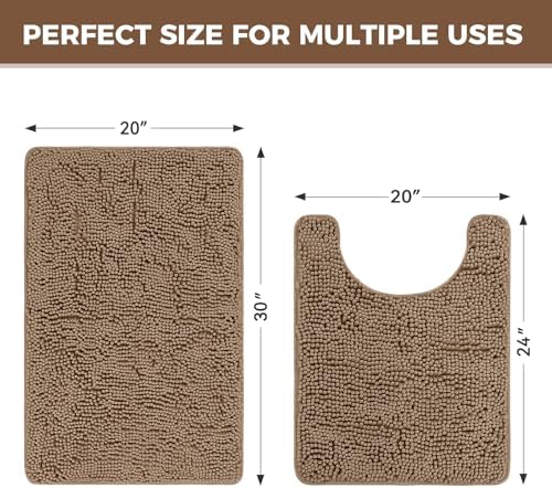 Bcoimo U Shaped Bath Rug Mat Set, 2 Piece Chenille Latte Toilet Bathroom Rug - Image 2