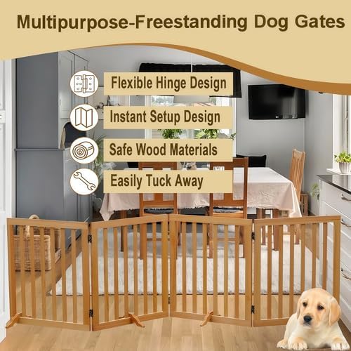 Wooden Foldable Dog Gate Freestanding 4 Panels Puppy Safety Fence-Brown - Image 6