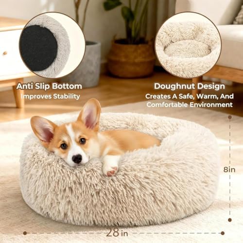 Calming Large Donut Dog and Cat Bed, Anti-Anxiety Round Soft Fluffy Plush Faux - Image 3