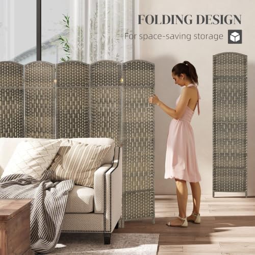 HOMCOM 6 Panel Room Divider 6 Ft Privacy Screen Hand-Woven Dark Rustic Oak - Image 3