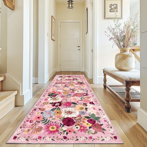 Pink Floral Hallway Runner Rug 3x7 by WelcometoBabovid