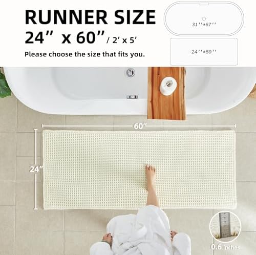 TYUU Cream White Waffle Runner Rug Bathroom, Long Boho Bath Mat - Image 2
