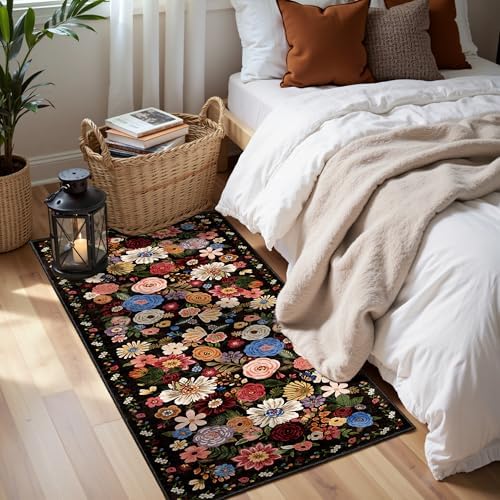 Black Brown Floral Hallway Runner Rug 2x5 - Image 2