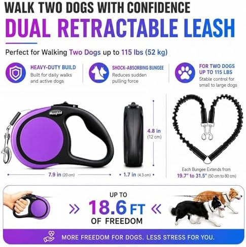 Double Retractable Dog Leash for Two Dogs Up to 115 lbs - Image 3