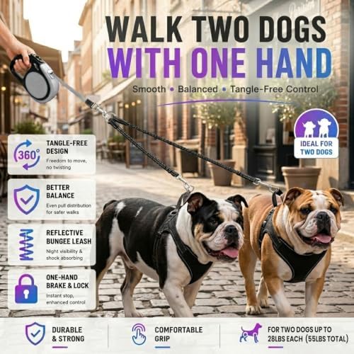 Double Retractable Dog Leash for Two Dogs, Combined Weight Up to 110 lbs – 18.6 - Image 3