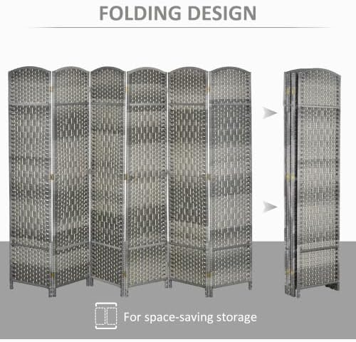 HOMCOM 6 Panel Room Divider 6 Ft Privacy Screen Hand-Woven Mixed Gray - Image 3