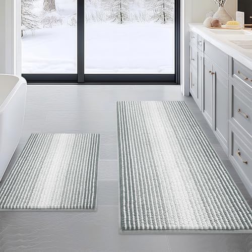 BSICPRO Bathroom Rugs Sets 2 Piece, Non Slip Striped Bath Mats, Light Gray by BSICPRO