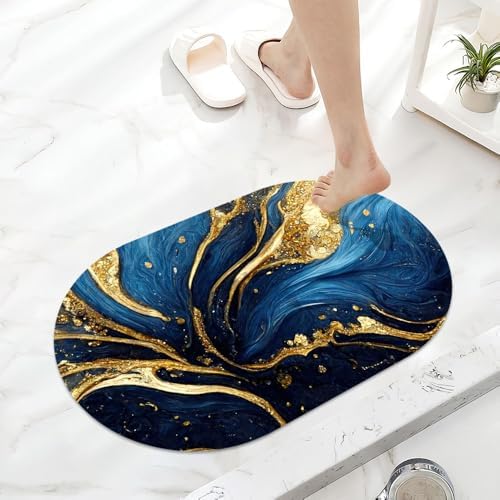 Blue and Gold Marble-Texture Super Absorbent Quick-Drying Bathroom Mat Rug - Image 6