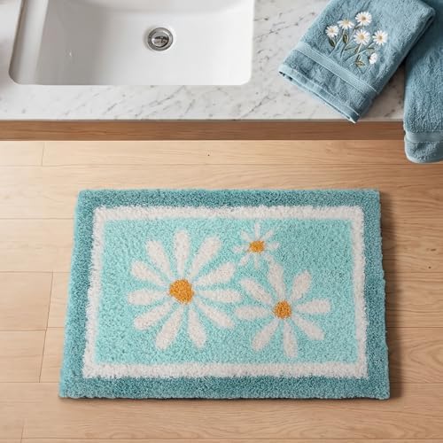 Boao Teal Daisy Coastal Bathroom Rug Tufted Non Slip Bath Mat 24x16 Inches - Image 4