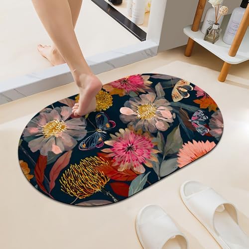 Botanical Elements and Moths Super Absorbent Quick-Drying Bathroom Mat Rug by ZHUZHISHAN