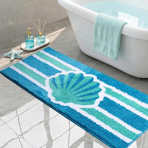 Blue Seashell Beach Bathroom Runner Rugs Non Slip Absorbent by Cevolyn