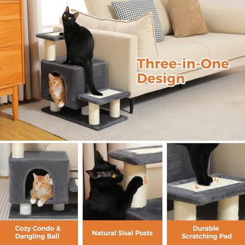 3-in-1 Cat Stairs with Scratching Post & Condo, Pet Steps, Dark Grey - Image 4