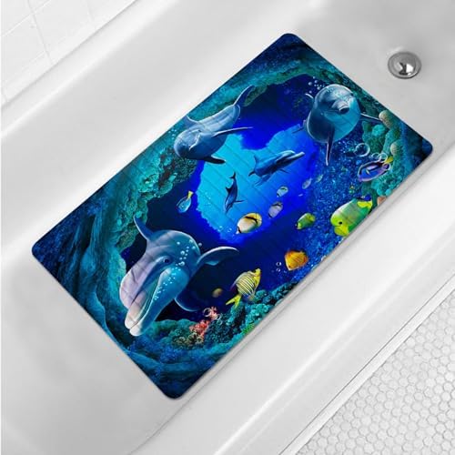 Navy Blue Non Slip Bath Tub Mat Ocean Shower Mat Non-Slip Cute Dolphin Blue Sea by Denifeiya
