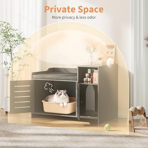Jojoka Tall Cat Litter Box Enclosure, 33.8" Wood Hidden Litter Box Cabinet - Image 5