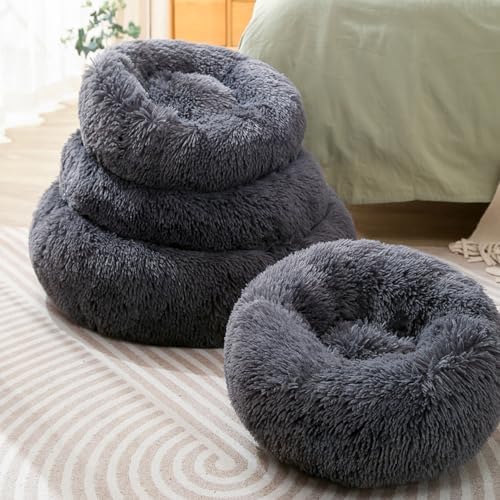 Cat Beds for Indoor Cats, Round Donut Small Dog Bed, Dark Gray - Image 4