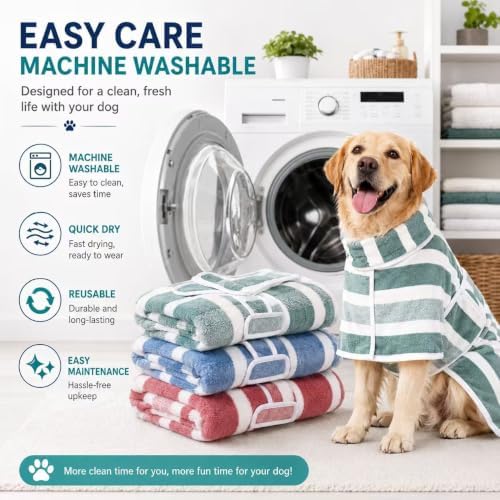 Quick-Dry Dog Bathrobe, Absorbent Striped Pet Towel Coat，Green：XS - Image 6