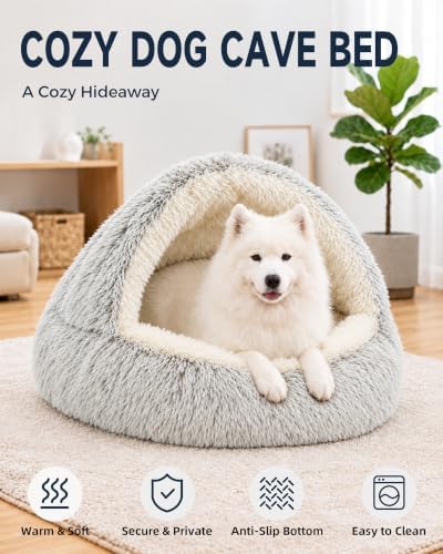 ShinHye Round Plush Fluffy Hooded Cat Bed Cave, Cozy - Image 4