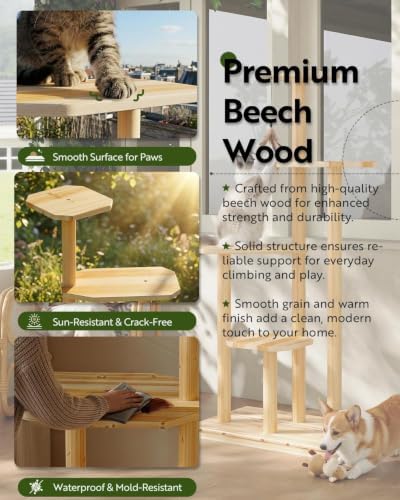 60" Tall Weatherproof Outdoor Cat Tree Tower, Solid Natural Wood - Image 6
