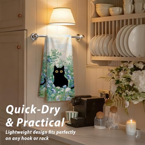 Black Cat Blue Flower Kitchen Towels, Decor - Image 7