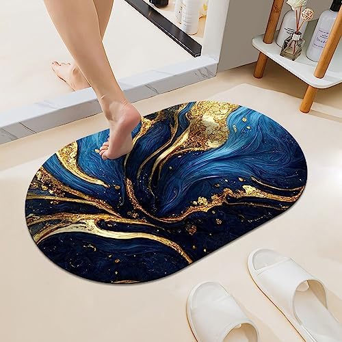 Blue and Gold Marble-Texture Super Absorbent Quick-Drying Bathroom Mat Rug by ZHUZHISHAN